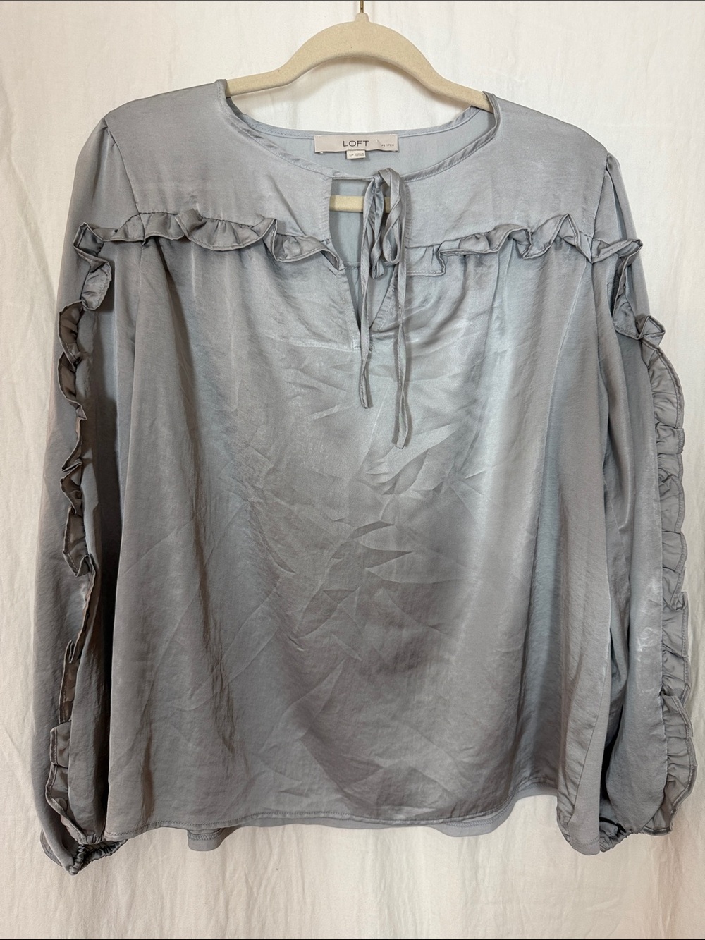 LOFT Silver-Gray Ruffle Tie-Neck Blouse